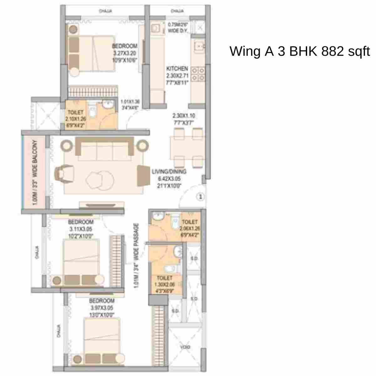 Vasant-Blossom-Floor-Plan-Wing-A-3-BHK-882-sqft